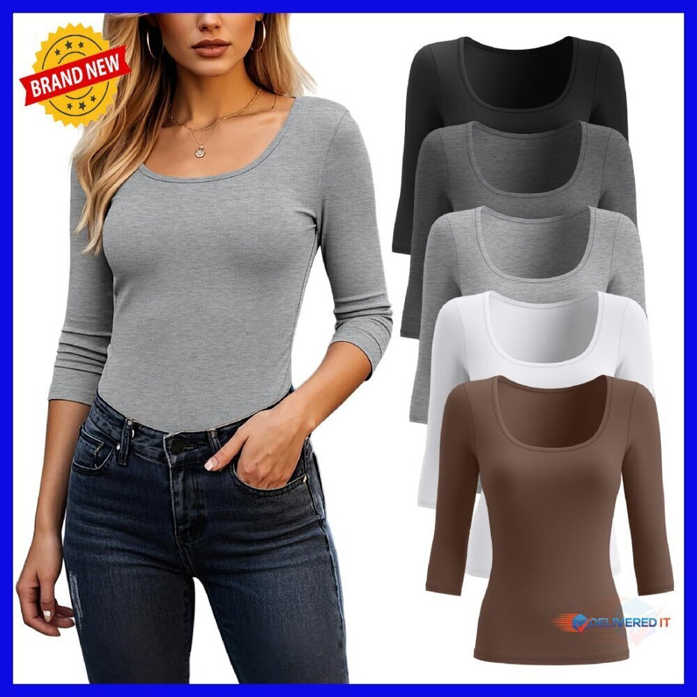 Women's 3/4 Sleeve Scoop Neck Slim Fit Stretchy T-Shirts 5 Pack